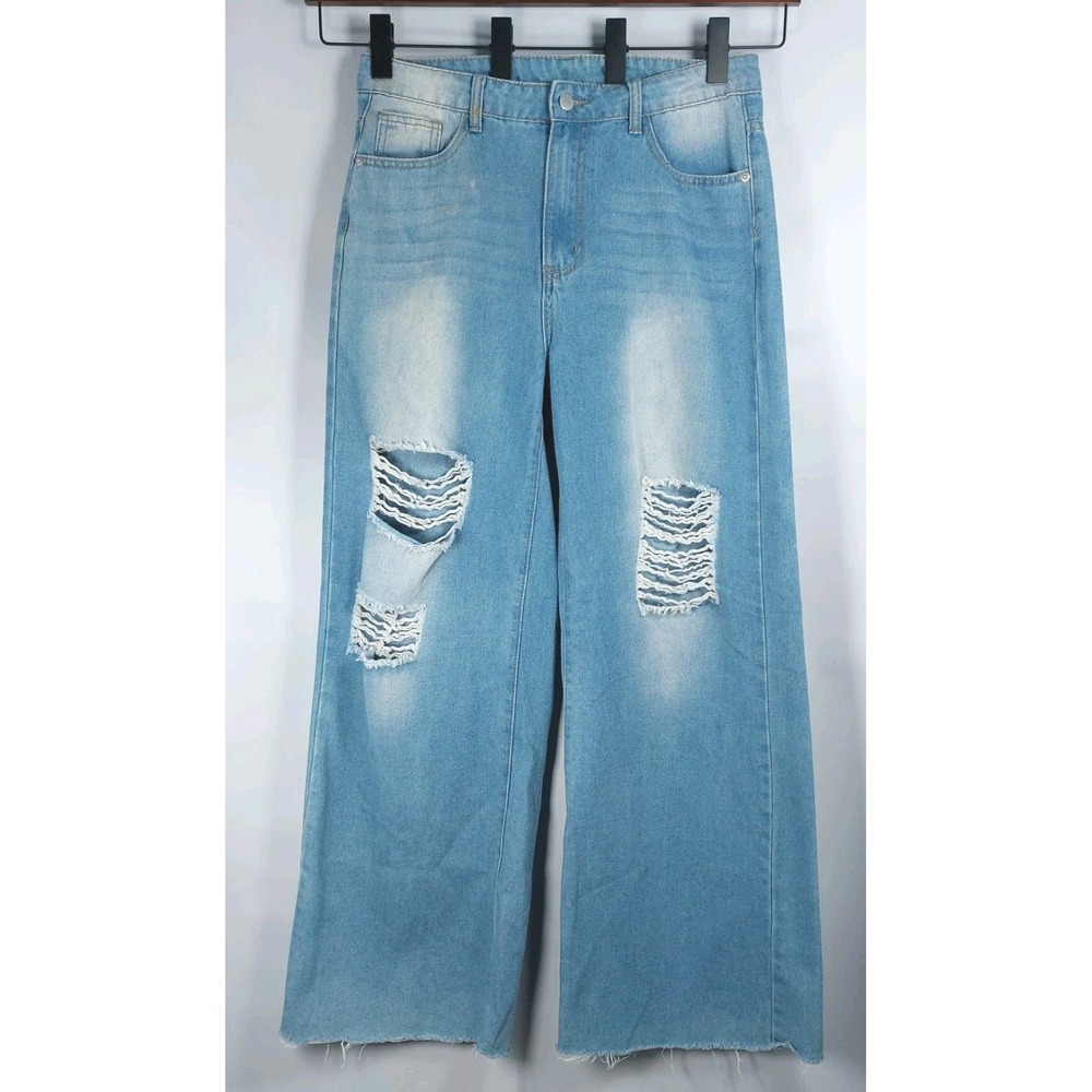 Shein Womens High Waist Wideleg Straight Jeans Sz L Distressed Pockets Lt Blue